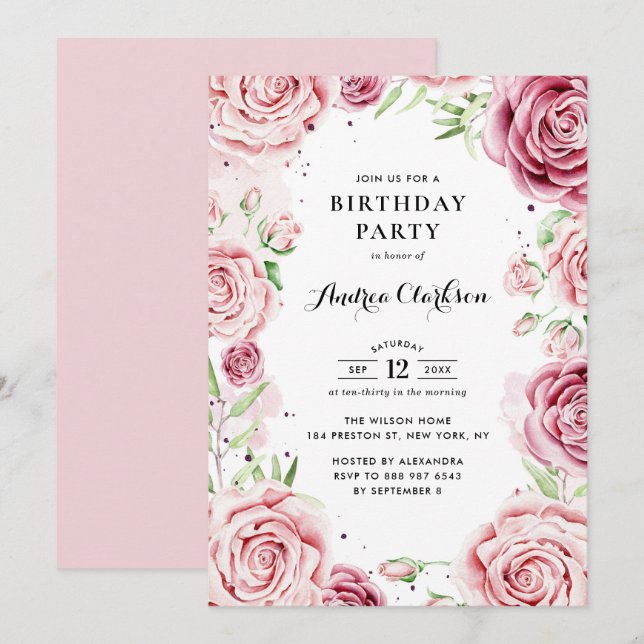 Pink Watercolor Roses Frame Birthday Party Invitation (Front/Back)