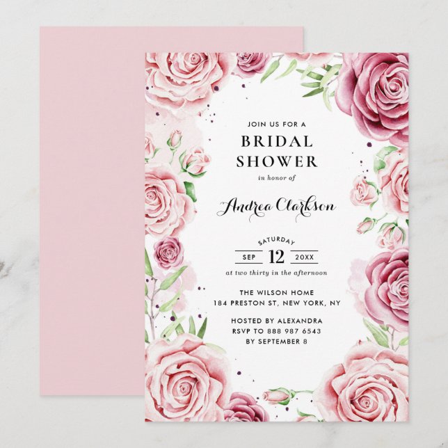 Pink Watercolor Roses Frame Bridal Shower Invitation (Front/Back)
