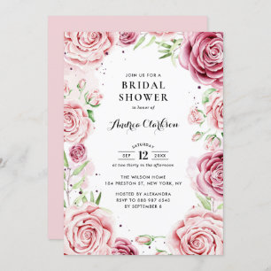 Pink Watercolor Roses Frame Bridal Shower Invitation