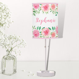 Pink Watercolor Roses Girl&#39;s Name Customize Table Lamp