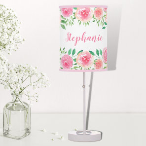 Pink Watercolor Roses Girl's Name Customize Table Lamp