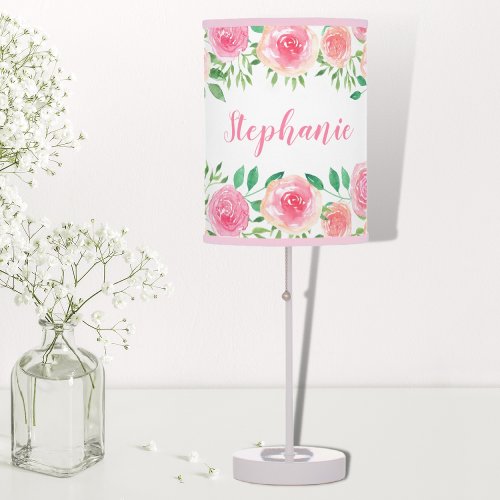 Pink Watercolor Roses Girls Name Customize Table Lamp