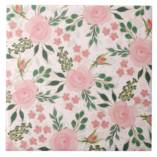Pink Watercolor Roses Gold Outline Design Ceramic Tile (Front)