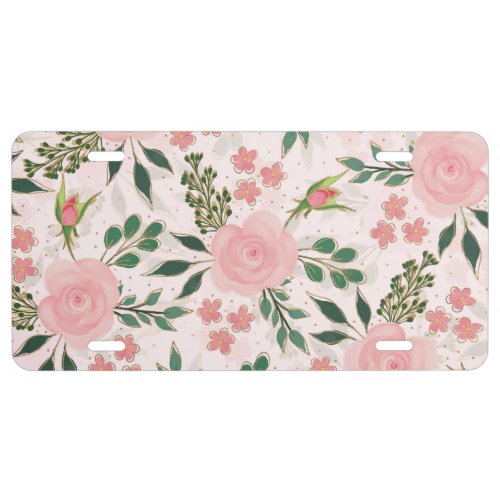 Pink Watercolor Roses Gold Outline Design License Plate