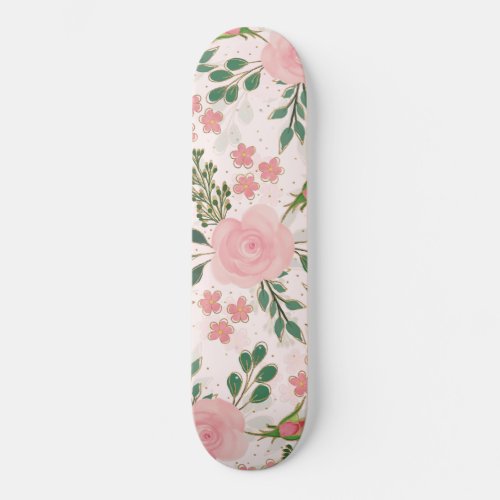Pink Watercolor Roses Gold Outline Design Skateboard