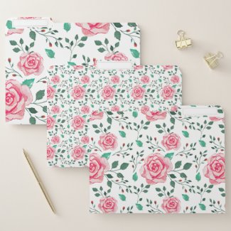 Pink Watercolor Roses & Green Foliage Pattern File Folder