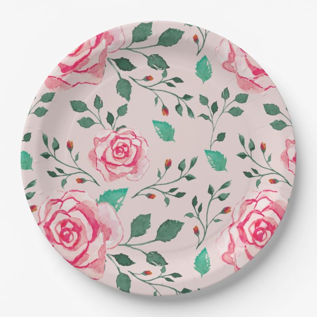 Pink Watercolor Roses & Green Foliage Pattern