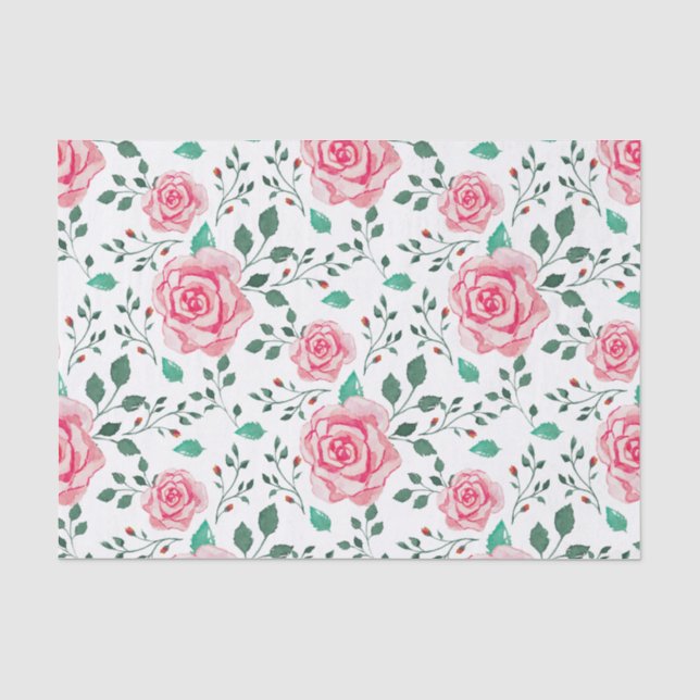Pink Watercolor Roses & Green Foliage Pattern Tissue Paper (Front)