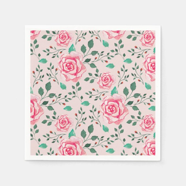 Pink Watercolor Roses & Greenery | Blush Pink Paper Napkins (Front)