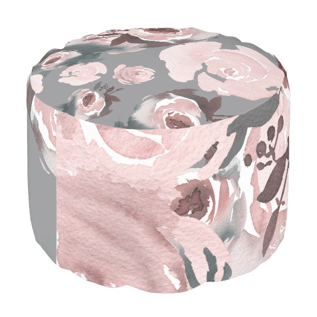 Pink Watercolor Roses Grey Charcoal Floral Pouf (Angled Back)