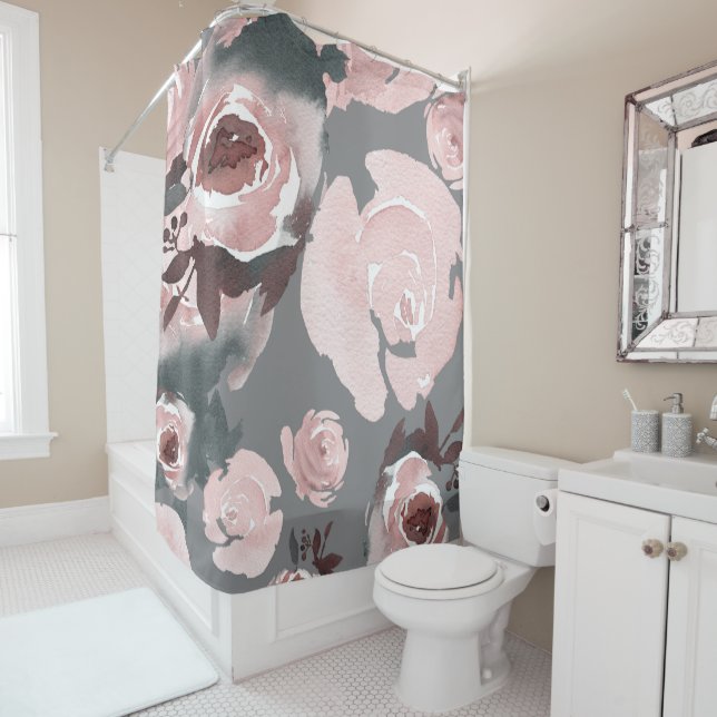 Pink Watercolor Roses Grey Charcoal Floral Shower Curtain (In Situ)