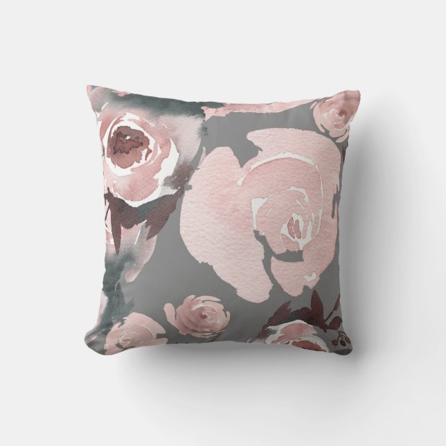 Pink Watercolor Roses Grey Charcoal Floral Throw Pillow (Front)