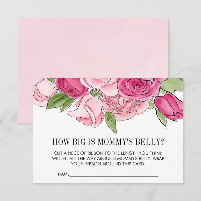 Pink Watercolor Roses Guess Mommy's Belly Card (Front/Back)