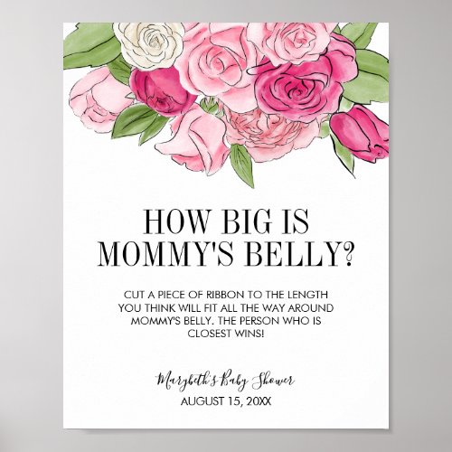 Pink Watercolor Roses Guess Mommys Belly Game Poster