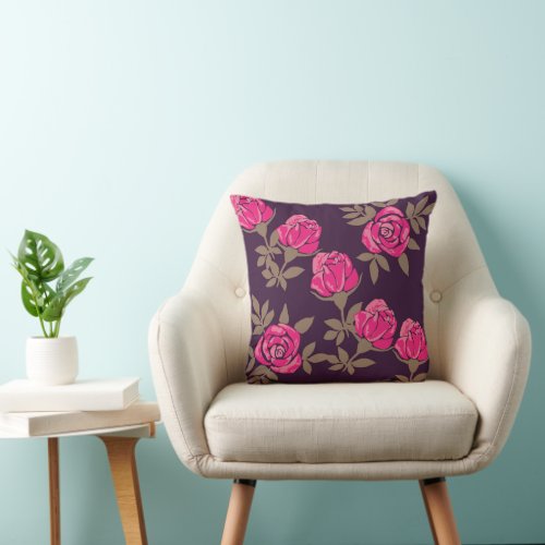 Pink watercolor roses in a deep purple background throw pillow