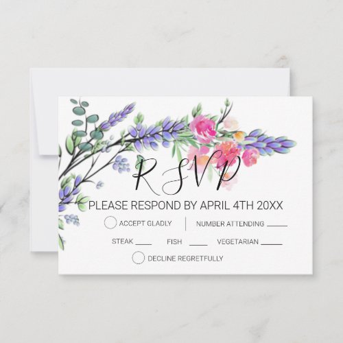 Pink watercolor roses Lavender and Eucalyptus  RSVP Card