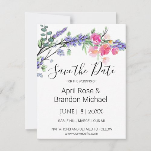 Pink watercolor roses Lavender and Eucalyptus  Save The Date