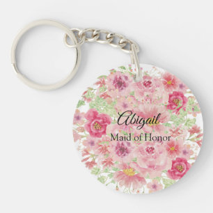 Pink Watercolor Roses  Maid of Honor   Keychain