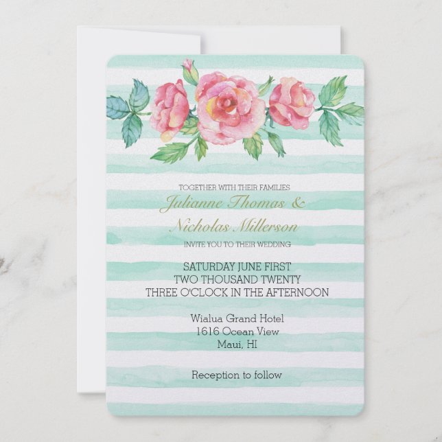 Pink Watercolor Roses Mint Stripes Wedding Invitation (Front)