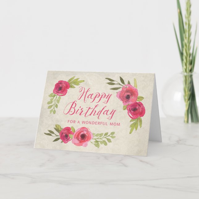 Pink Watercolor Roses Mom Birthday Card (Front)
