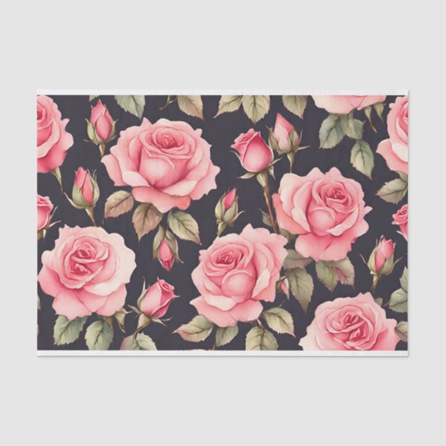 Pink Watercolor Roses on Black Background  Tissue Paper (Front)