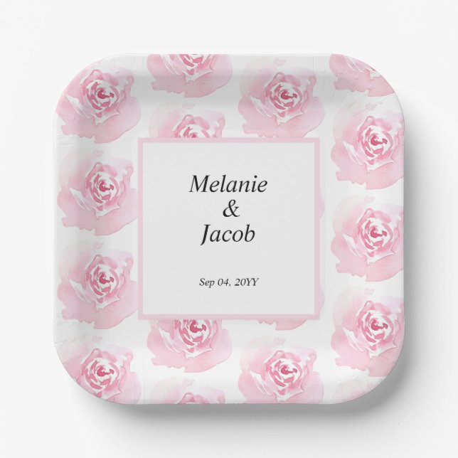 Pink Watercolor Roses  Paper Plates (Front)