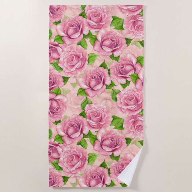 Pink watercolor roses pattern beach towel (Front)