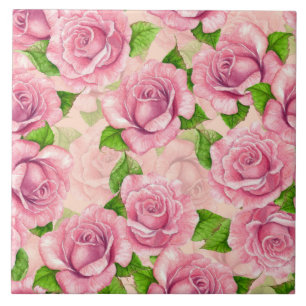 Pink watercolor roses pattern ceramic tile
