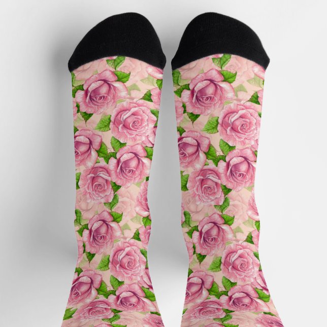 Pink watercolor roses pattern socks (Top)