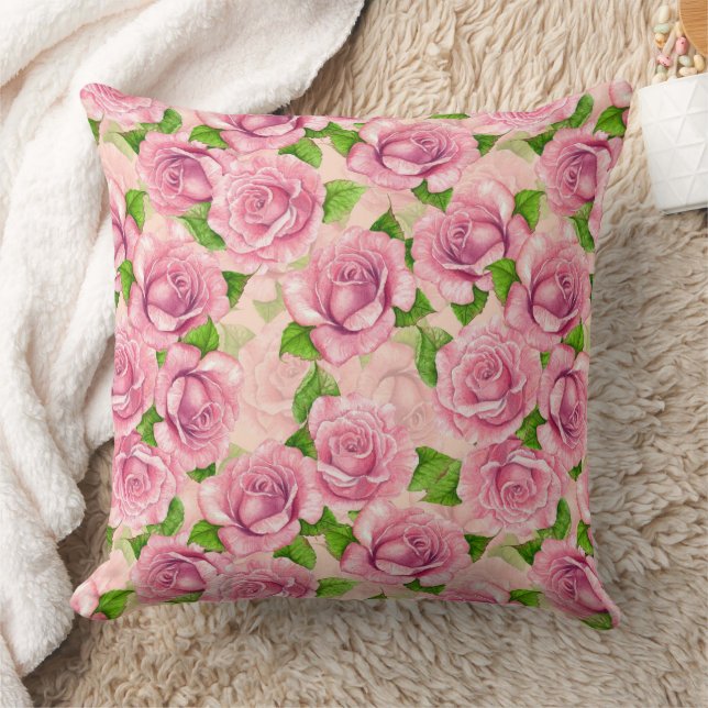Pink watercolor roses pattern throw pillow (Blanket)