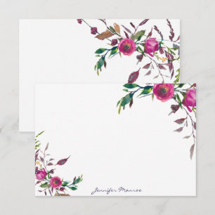 Pink watercolor roses personalized note card