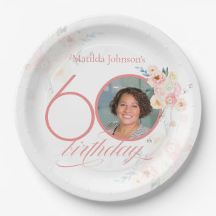 Pink Watercolor Roses Photo Floral 60th Birthday Paper Plates