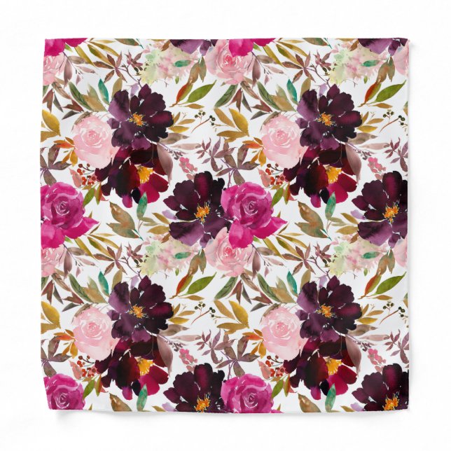 Pink Watercolor Roses Purple Floral Pocket Square Bandana (Front)