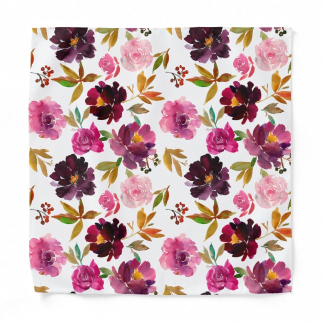 Pink Watercolor Roses Purple Floral Pocket Square Bandana (Front)