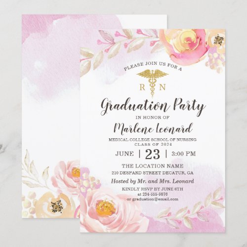 Pink Watercolor Rose Garden Nurse Graduation Party Card