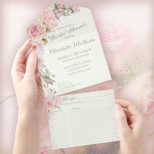 Pink Watercolor Roses Sage Green Bridal Shower All In One Invitation