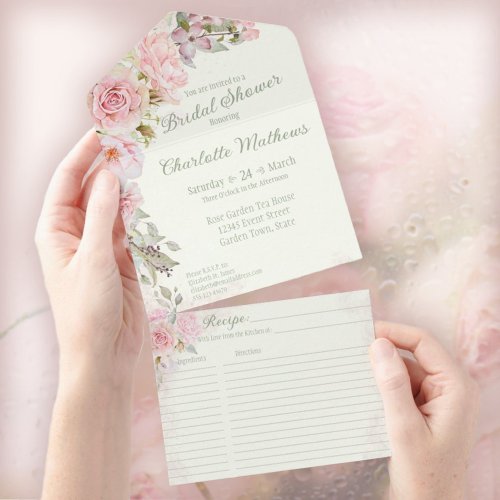 Pink Watercolor Roses Sage Green Bridal Shower All In One Invitation