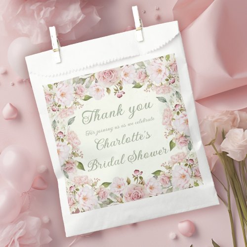 Pink Watercolor Roses Sage Green Bridal Shower Favor Bag