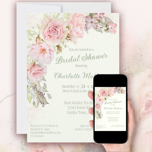 Pink Watercolor Roses Sage Green Bridal Shower Invitation