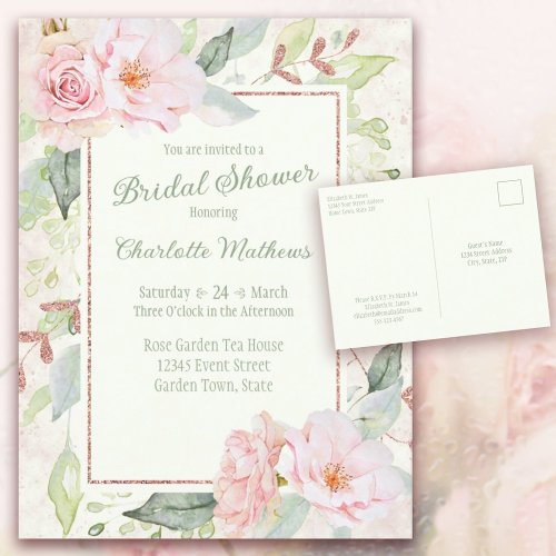 Pink Watercolor Roses Sage Green Bridal Shower Invitation Postcard
