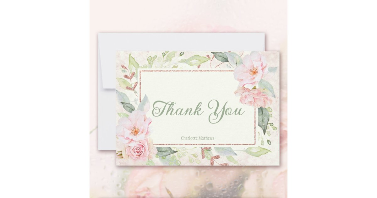 Pink Watercolor Roses Sage Green Bridal Shower Thank You Card | Zazzle