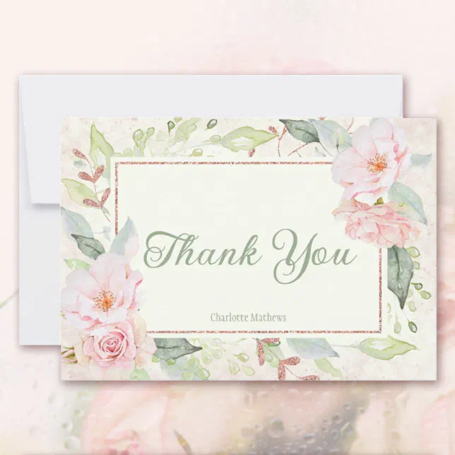 Pink Watercolor Roses Sage Green Bridal Shower Thank You Card | Zazzle