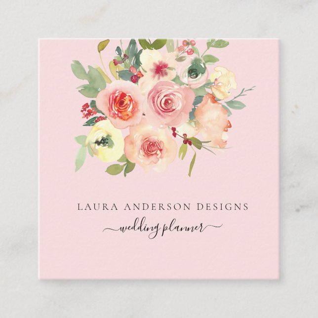 Pink Watercolor Roses square Business Card (Front)