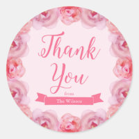 Pink Watercolor Roses Thank You Classic Round Sticker