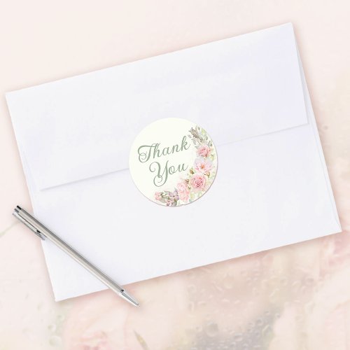 Pink Watercolor Roses Thank You Classic Round Sticker