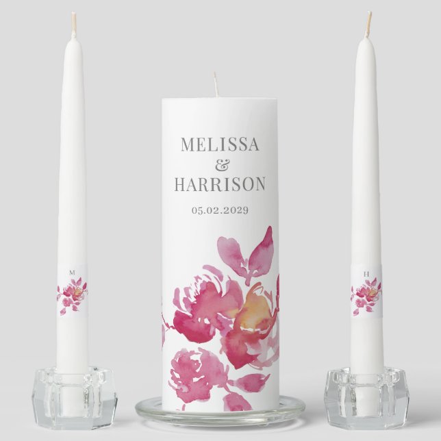 Pink Watercolor Roses Unity Candle Set (Front)