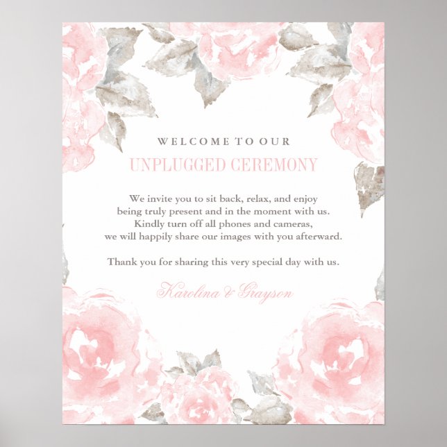Pink Watercolor Roses Unplugged Ceremony Poster (Front)