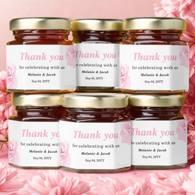 Pink Watercolor Roses Wedding Honey Jar Favors (Creator Uploaded)