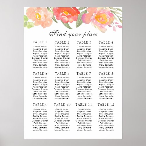 Pink watercolor roses Wedding  Seating Chart
