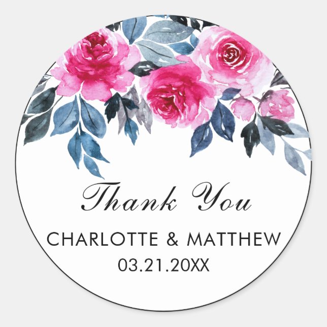 Pink Watercolor Roses Wedding Thank You Classic Round Sticker (Front)